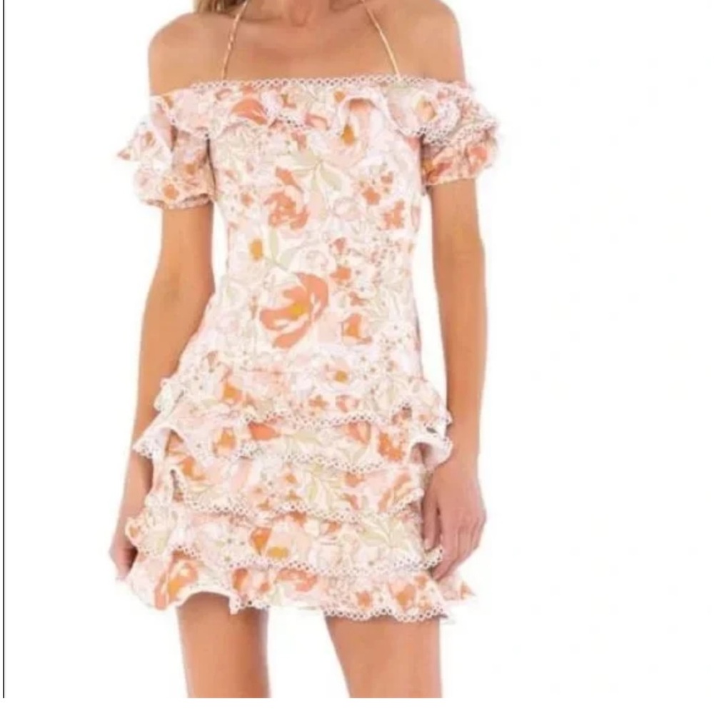 Bardot Caitlin Peach Floral Off-Shoulder Ruffle Tiered Mini Dress Size‎ 10 Large
